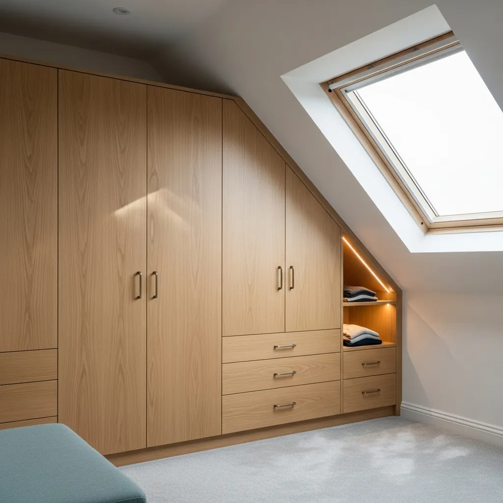 Custom wardrobe in attic room with sloped ceiling