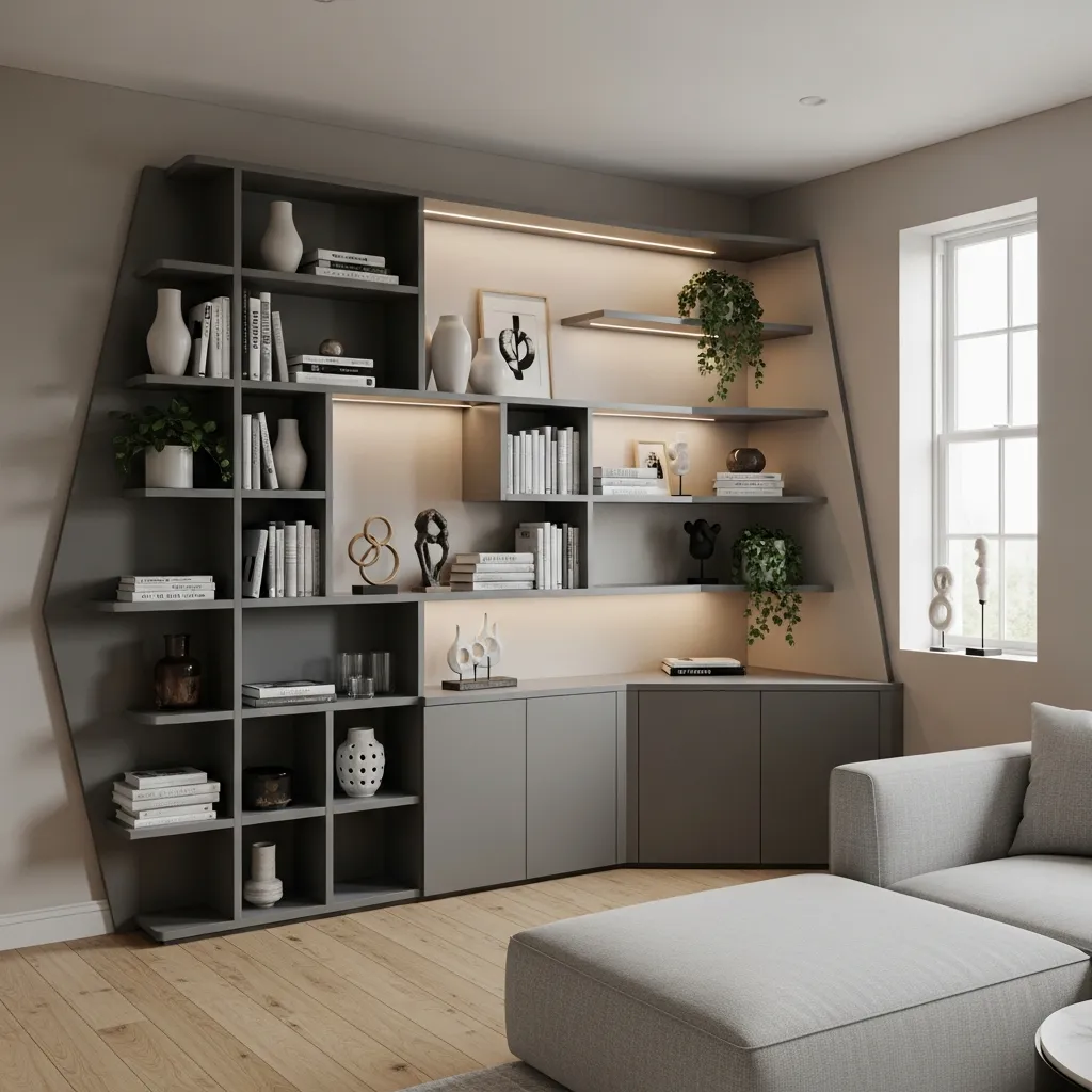 Built-in shelving for irregular wall space